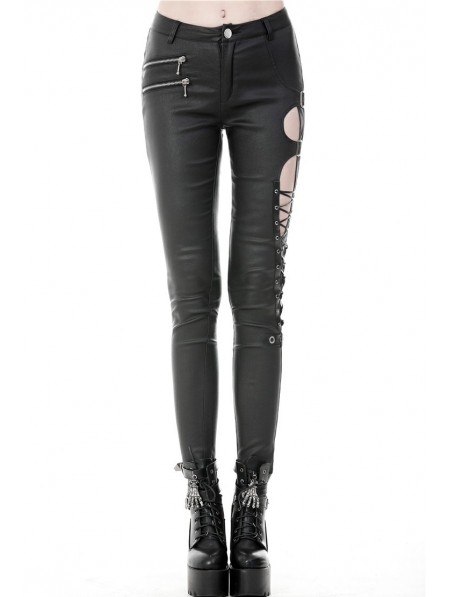 Black Gothic Punk Sexy Asymmetrical PU Leather Trousers for Women ...