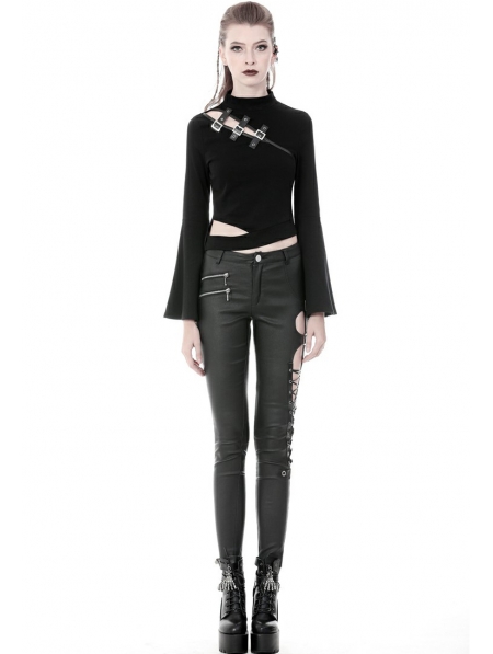 Black Gothic Punk Sexy Asymmetrical PU Leather Trousers for Women ...