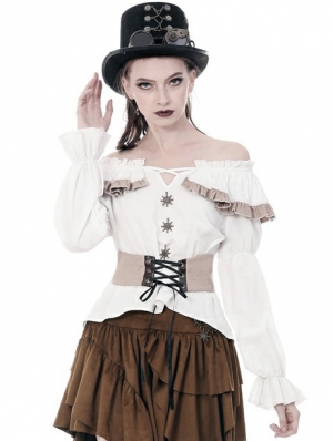 Women's White Steampunk Off-the-Shoulder Long Sleeve Shirt with Detachable Waistband