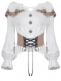 Women's White Steampunk Off-the-Shoulder Long Sleeve Shirt with Detachable Waistband