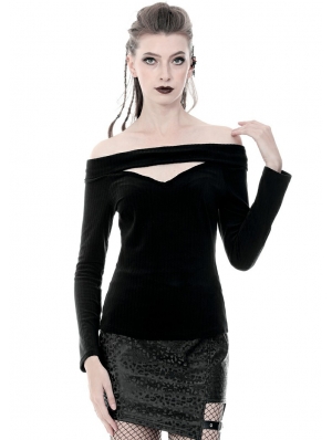 Black Gothic Punk Off-the-Shoulder Long Sleeve T-shirt for Women