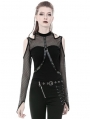 Black Gothic Punk Belt Off-the-Shoulder Long Sleeve T-Shirt for Women