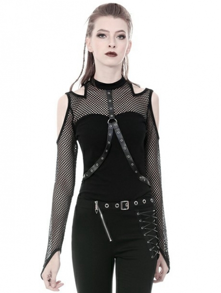 Black Gothic Punk Belt Off-the-Shoulder Long Sleeve T-Shirt for Women ...