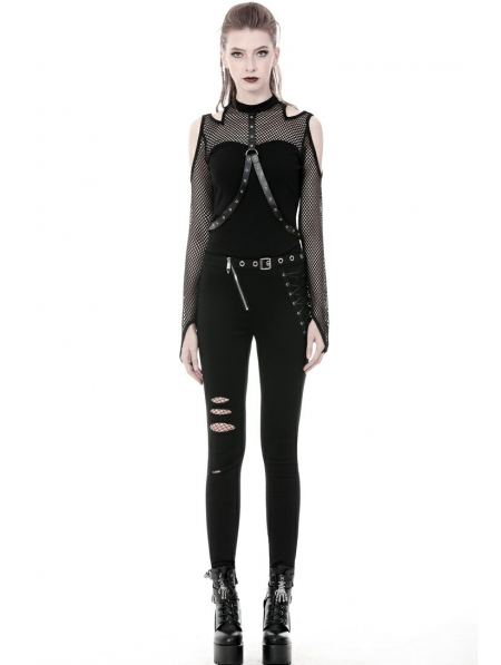 Black Gothic Punk Belt Off-the-Shoulder Long Sleeve T-Shirt for Women ...