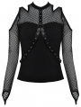 Black Gothic Punk Belt Off-the-Shoulder Long Sleeve T-Shirt for Women