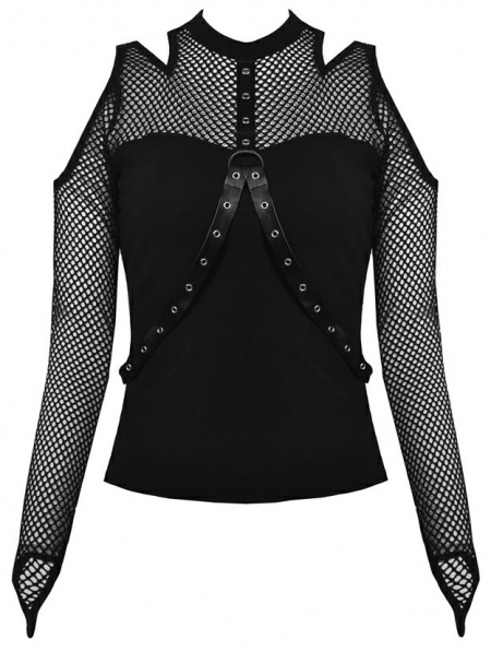 Black Gothic Punk Belt Off-the-Shoulder Long Sleeve T-Shirt for Women ...