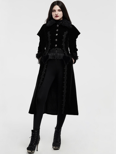 Black Queen of Hearts Gothic Velvet Long Coat for Women