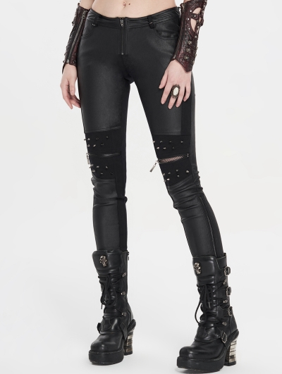 Black Gothic Punk Handsome Tight PU Leather Pants for Women
