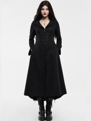 Black Gothic Embroidered Wool Long Winter Coat for Women