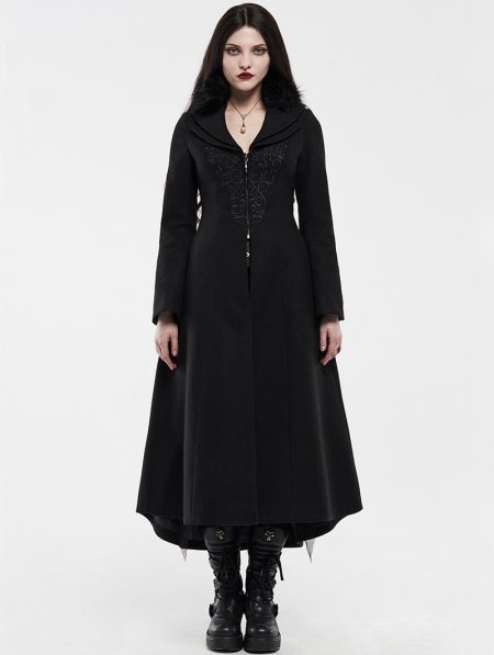 Black Gothic Embroidered Wool Long Winter Coat for Women - Devilnight.co.uk