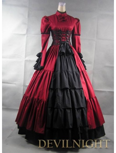 Red and Black Long Sleeves Masquerade Gothic Ball Gowns