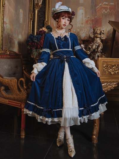 Mrs.Jennifer Elegant Blue Velvet Classic Lolita OP Dress 