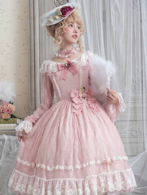 The Dawn Lady Pink Elegant French Lace Long Sleeve Classic Lolita OP Dress