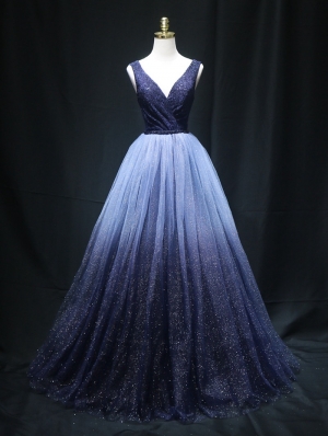 Blue Sexy V-Neck Sequins Gothic Wedding Dress