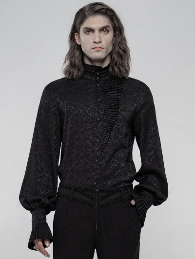 Black Retro Gothic Daily Jacquard Long Sleeve Shirt for Men