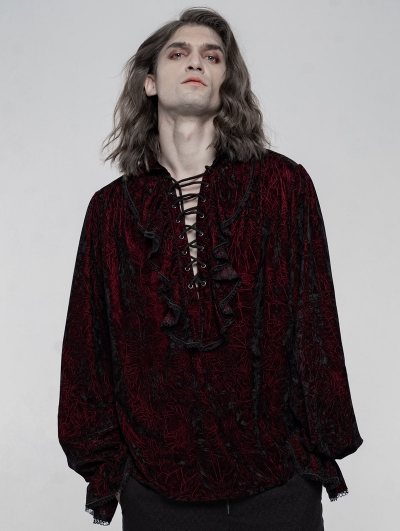 Dark Red Retro Velvet Gothic Long Sleeve Shirt for Men