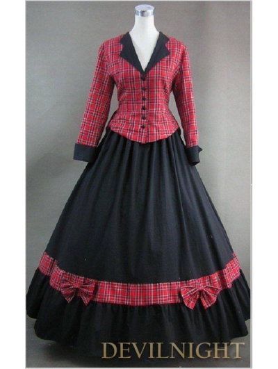 Noble Black and Red Plaid Vintage Gothic Victorian Dress