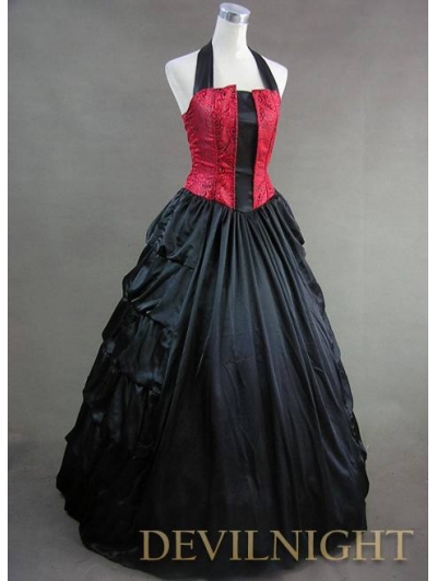 Elegant Red and Black Halter Gothic Victorian Dress