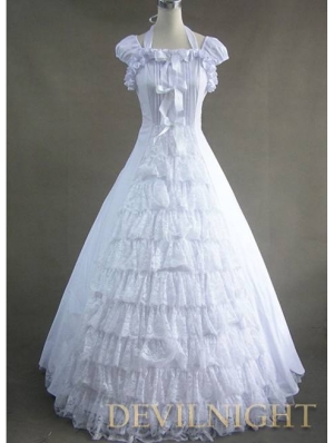 Classic White Lace and Bow Gothic Victorian Dress