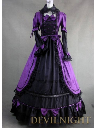 Romantic Purple and Black Long Sleeves Masquerade Gothic Victorian Dress