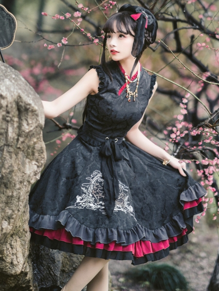 The Nine-Tailed Fox Chinese Style Black Lolita JSK Dress Set ...