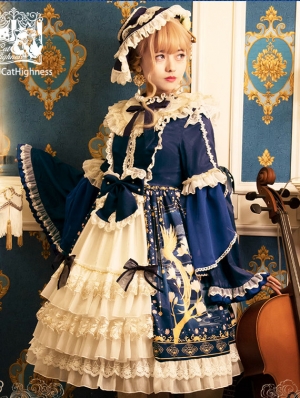 The Gold Bird Tea Party Blue Classic Long Sleeve Lolita OP Dress