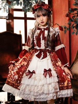 The Gold Bird Tea Party Red Classic Long Sleeve Lolita OP Dress