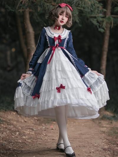 The Dusk Forest Snow White Navy and White Sweet Lolita Long Sleeve OP Dress