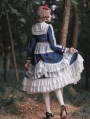 The Dusk Forest Snow White Navy and White Sweet Lolita Long Sleeve OP Dress