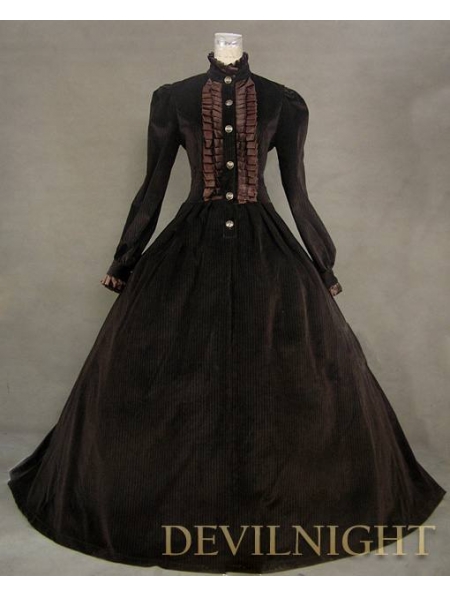 Brown Vintage Tudor Long Sleeves Winter Victorian Dress - Devilnight.co.uk