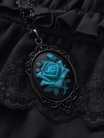 Vintage Gothic Blue Rose Embossed Pendant Necklace