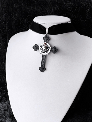 Vintage Gothic Pentagram Cross and Skull Pendant Chocker