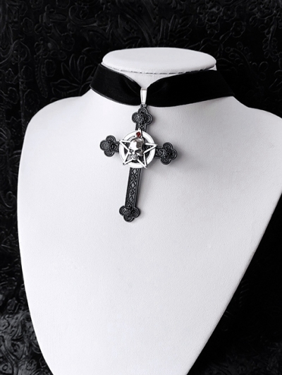 Vintage Gothic Pentagram Cross and Skull Pendant Chocker