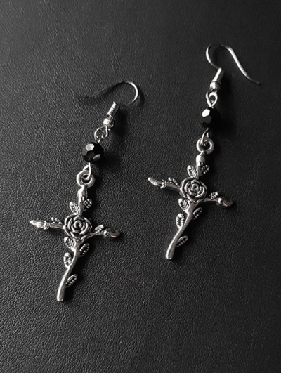 Vintage Gothic Black Crystal Rose Cross Earrings