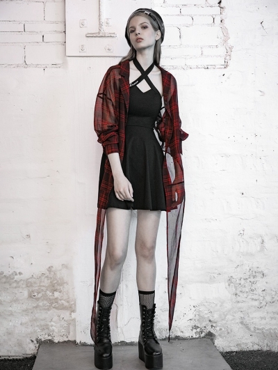 Street Fashion Red Plaid Chiffon Gothic Punk Blouse for Women