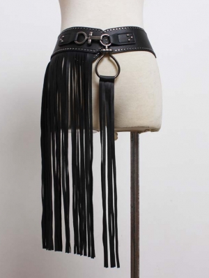 Black Gothic Punk PU Leather Belt With Tassel