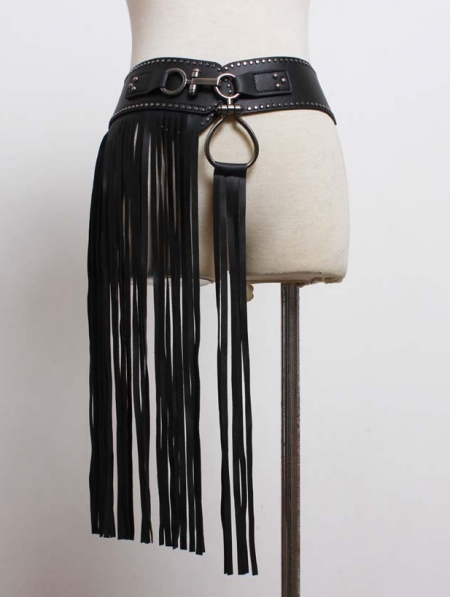 Black Gothic Punk PU Leather Belt With Tassel - Devilnight.co.uk