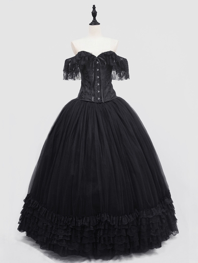 Romantic Black Off-the-Shoulder Gothic Lace Corset Long Prom Ball Dress