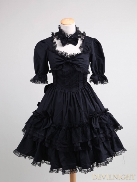 Black Short Sleeves Lace Bow Gothic Lolita Dress - Devilnight.co.uk