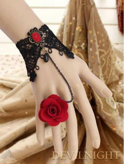 Black and Red Rose Lace Gothic Bracelet Ring Jewelry