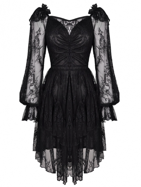 Black Gothic Elegant Long Sleeve Lace Midi Dress - Devilnight.co.uk
