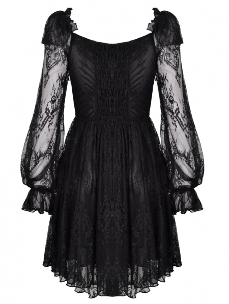 Black Gothic Elegant Long Sleeve Lace Midi Dress - Devilnight.co.uk