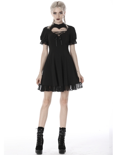 Black Gothic Girl Short Sleeve Heart Midi Dress