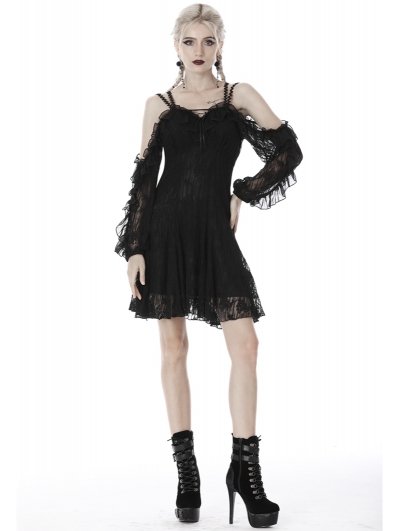 Black Gothic Off-the-Shoulder Long Sleeve Lace Short Dress