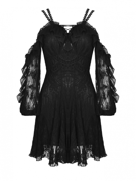 Black Gothic Off-the-Shoulder Long Sleeve Lace Short Dress - Devilnight ...