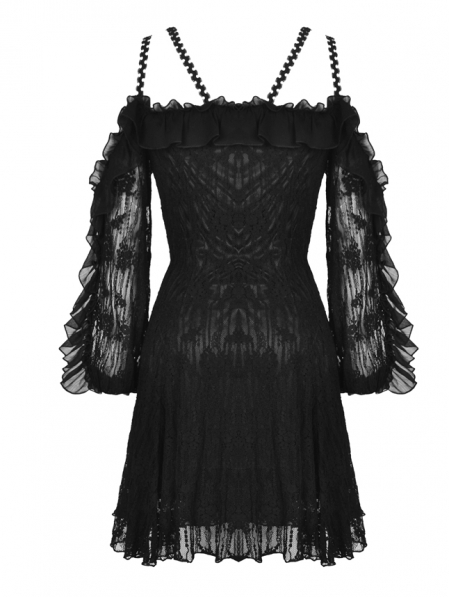 Black Gothic Off-the-Shoulder Long Sleeve Lace Short Dress - Devilnight ...