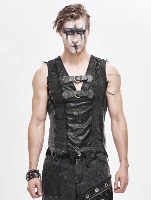 Black Gothic Punk Irregular Buckle Vest Top for Men