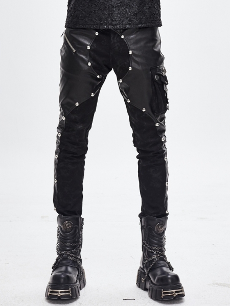 Black Gothic Punk Rock Rivet PU Leather Pants for Men - Devilnight.co.uk