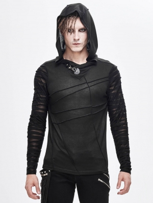 Black Gothic Punk Long Sleeve Hooded T-Shirt for Men