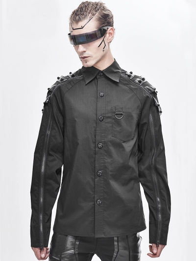 Black Gothic Punk Rivet Long Sleeve Shirt for Men